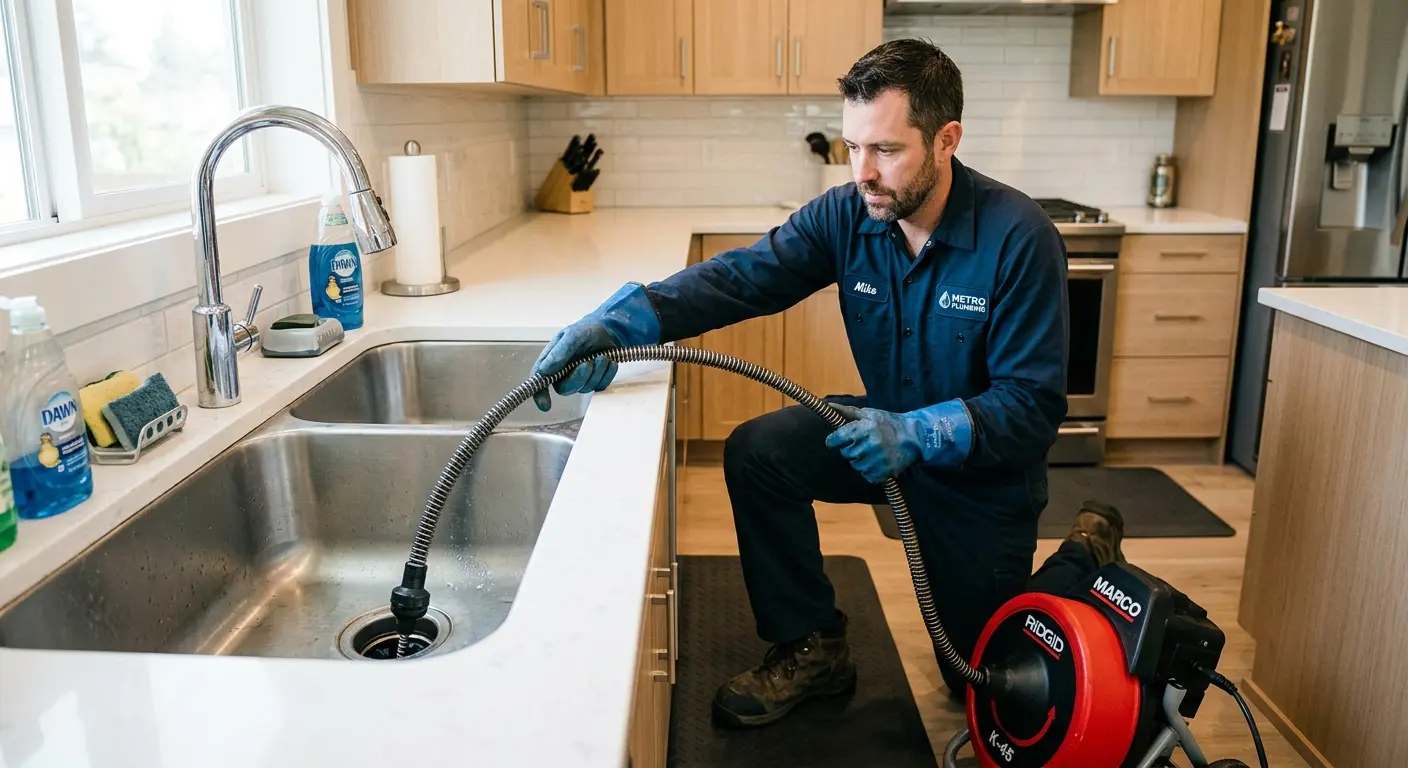 Drain cleaning technician using a motorized snake on a kitchen sink in Annapolis