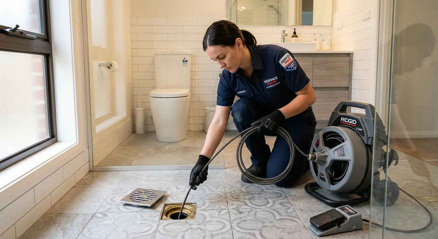 Technician clearing a bathroom floor drain for Sewer Line Installation in Annapolis